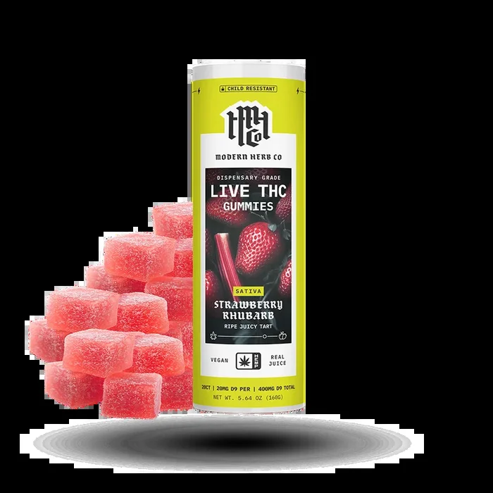 Live Resin D9 THC Gummies: Strawberry Rhubarb (Sativa) – 20ct