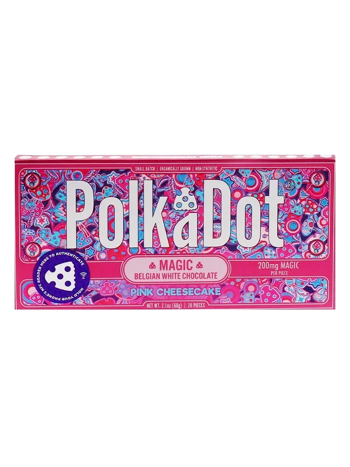 PinkCheesecakePolkaDotMagicMushroomBelgianWhiteChocolate200mgMagicPerPiece Pink Cheesecake PolkaDot Magic Mushroom Belgian White Chocolate 2mg Magic Per Piece