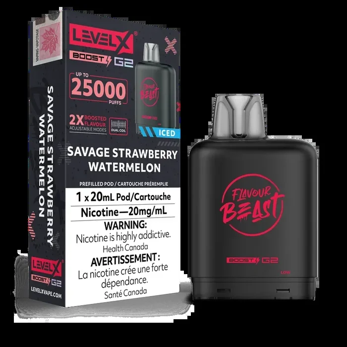 Savage Strawberry Watermelon (Ice) by Level X Flavour Beast Boost – Closed Pod System (25K Puff) [ON]